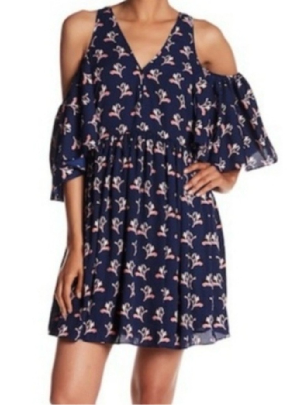 Rebecca Minkoff whimsy boho euro Summer Navy Floral Cold-Shoulder Midi Dress